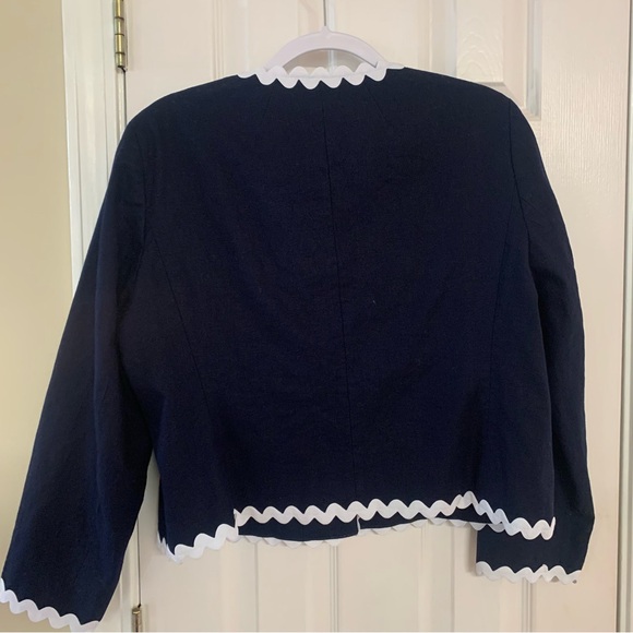 Size 16 J CREW Women Blazer Navy Blue White Ric Rac Trim Lined Button Front - Picture 5 of 6